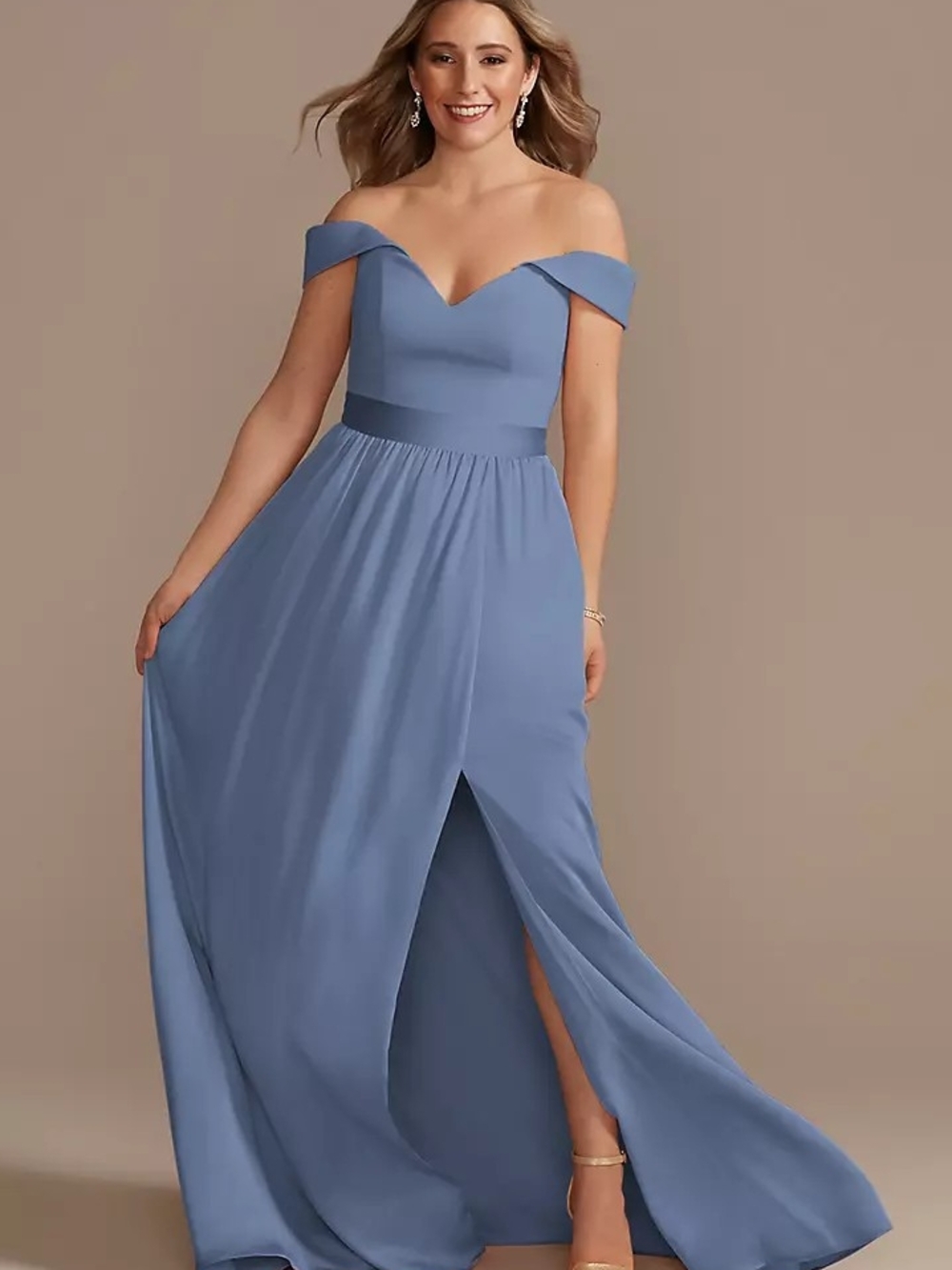 David's Bridal Off-Shoulder Slate Blue Evening Gown